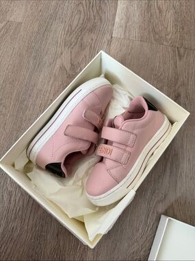 Fendi Kids Pink Leather Velcro Sneakers with Black Heel Accent
